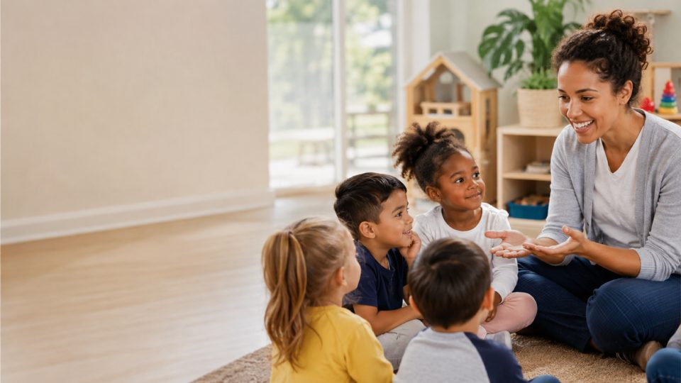 An educator reading with young children in a Head Start classroom